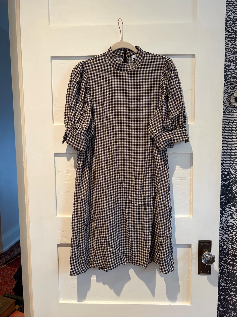 Gingham Puff-Sleeve Mini Dress in Black & White